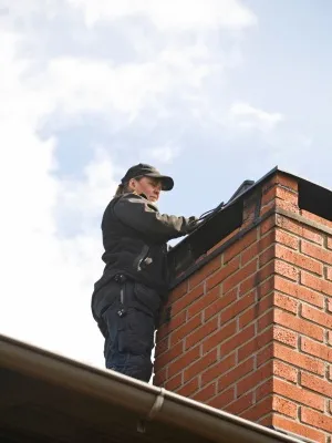 Chimney inspection and relining service takes place on a residential roof in New Jersey during clear weather